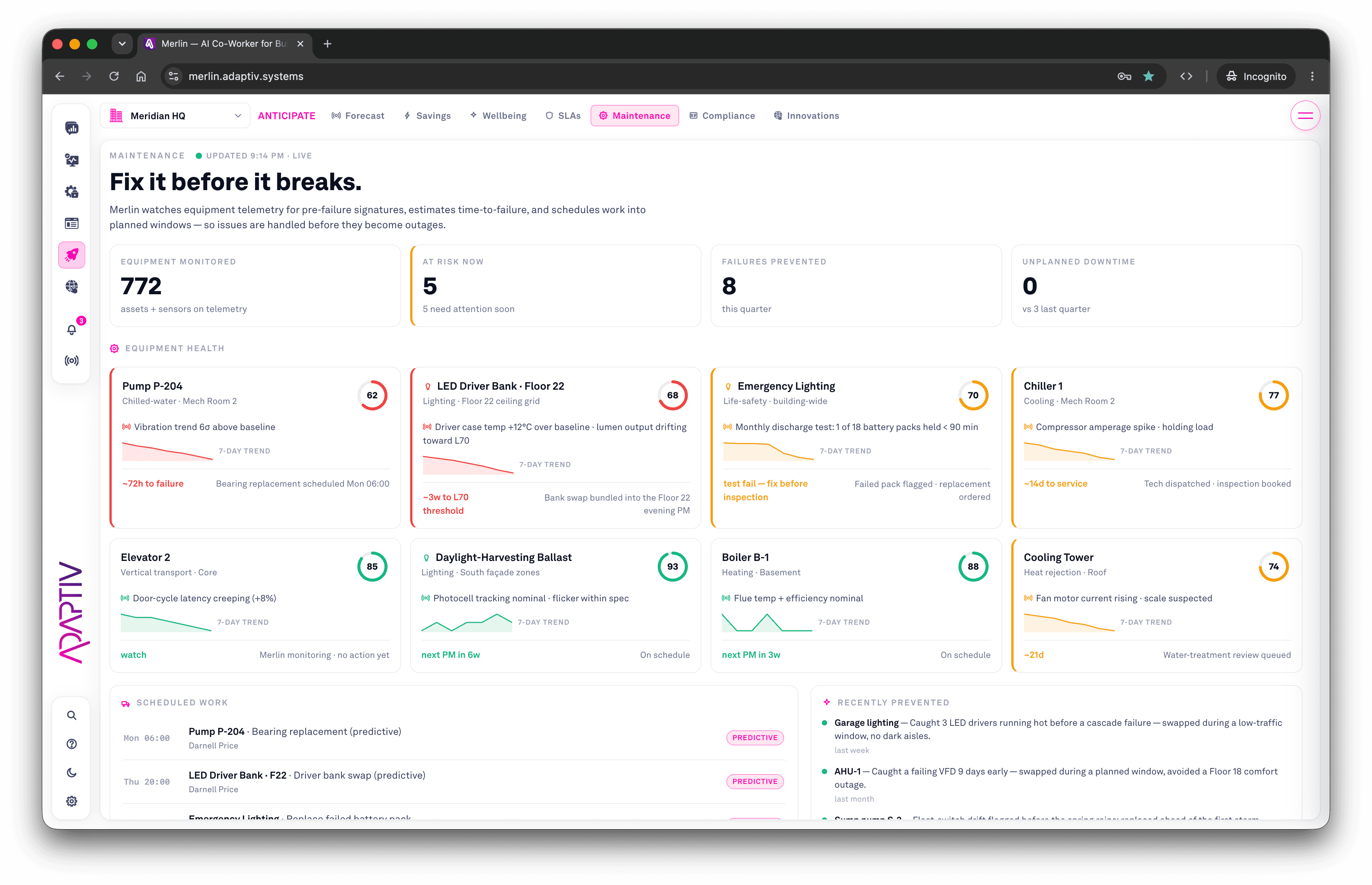 Merlin's predictive maintenance view — equipment health, time-to-failure trends, and work scheduled into planned windows